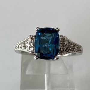 10K White Gold Emerald Cut London Blue Topaz and Diamond Ring New